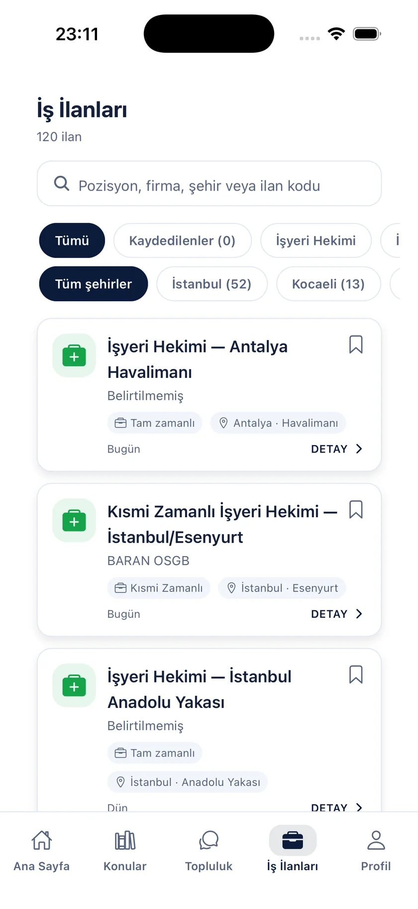 İş İlanları ekranı: 120 ilan, şehir filtreleri ve ilan kartları
