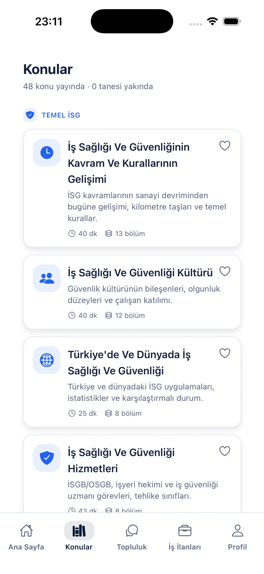 Konular ekranı: 48 konu, kategori başlıkları ve her konunun süresi ile bölüm sayısı